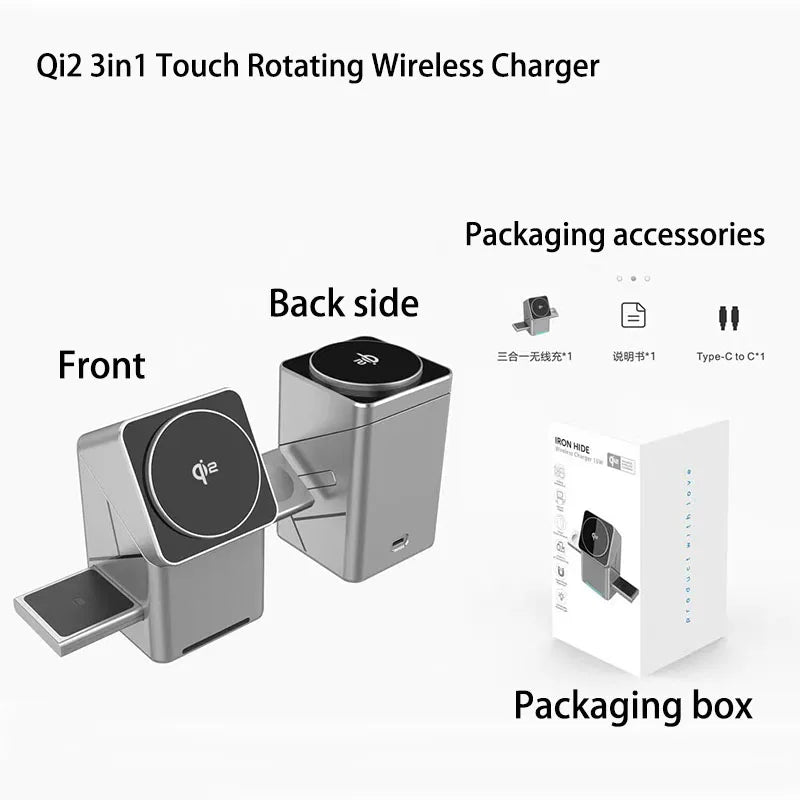 New Qi2 3 in 1 Touch Button Rotating Magnetic Wireless Charger Station