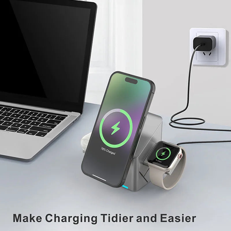 New Qi2 3 in 1 Touch Button Rotating Magnetic Wireless Charger Station for IPhone 16-12 Max & Samsung Galaxy Fast Charging Dock