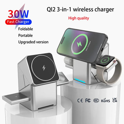 New Qi2 3 in 1 Touch Button Rotating Magnetic Wireless Charger Station