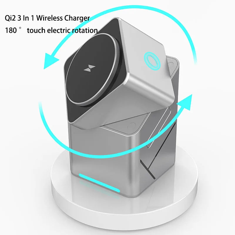 New Qi2 3 in 1 Touch Button Rotating Magnetic Wireless Charger Station for IPhone 16-12 Max & Samsung Galaxy Fast Charging Dock